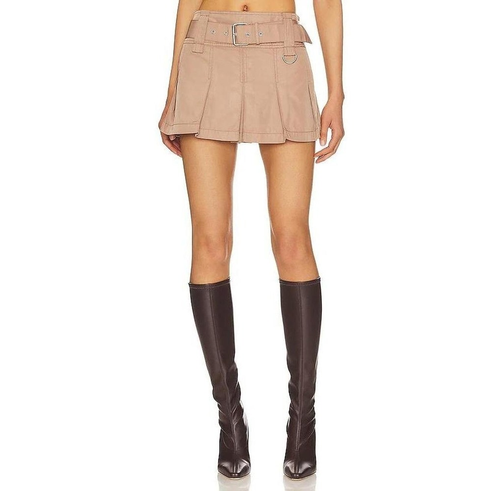 h:ours Pleated Cargo Mini Skirt Tan Brown Belted Y2K Utility Style Size S